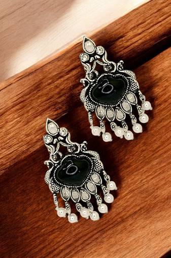 Silver oxidised black peacock design earrings