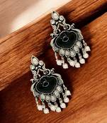 Silver oxidised black peacock design earrings