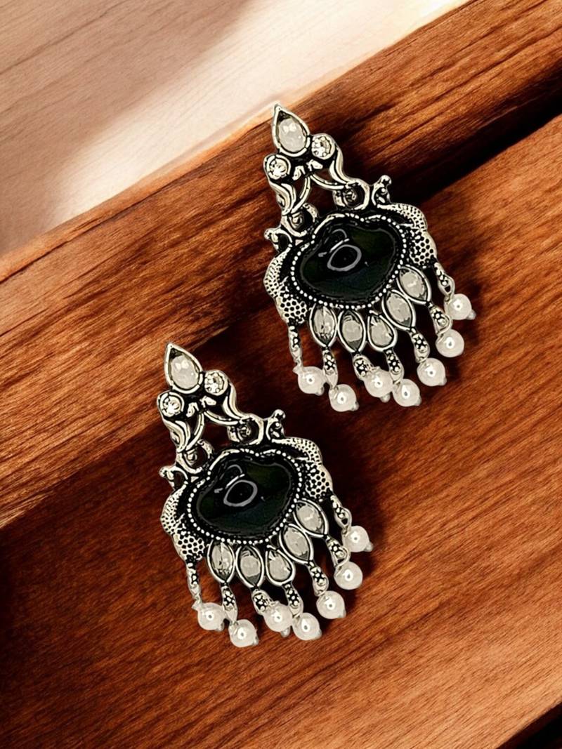 Silver oxidised black peacock design earrings