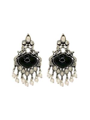 Silver oxidised black peacock design earrings 2
