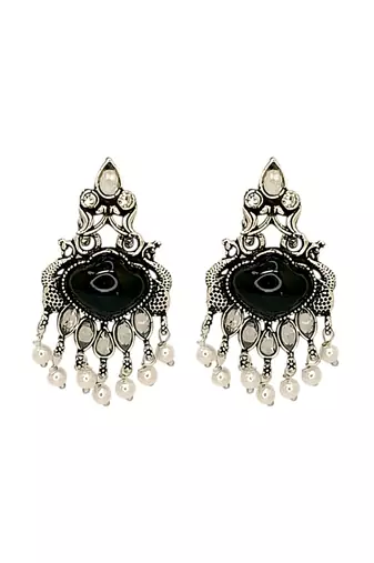 Silver oxidised black peacock design earrings