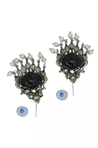 Silver oxidised black peacock design earrings