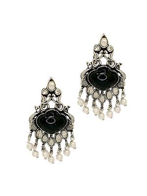 Silver oxidised black peacock design earrings 4