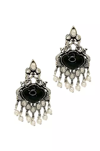 Silver oxidised black peacock design earrings