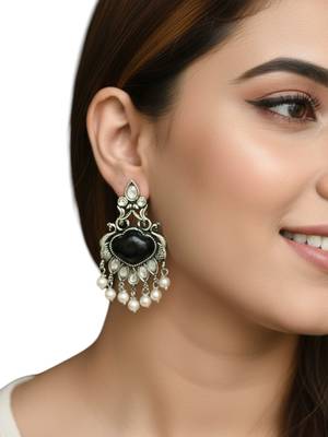 Silver oxidised black peacock design earrings 5