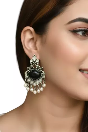 Silver oxidised black peacock design earrings