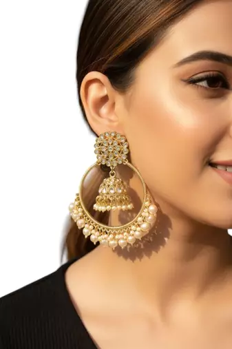 Light gold plated kundan chandbali jhumka earrings