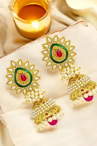 Gold plated traditional moti jhumka earrings