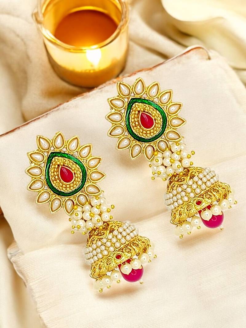 Gold plated traditional moti jhumka earrings