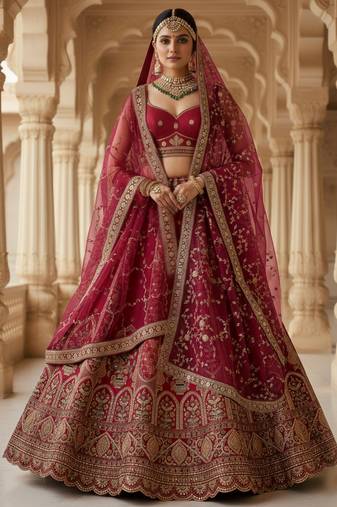 red embroidered silk bridal lehenga set choli with dupatta with double dupatta