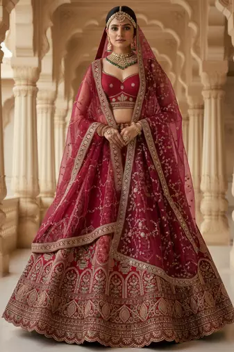 red embroidered silk bridal lehenga set choli with dupatta with double dupatta