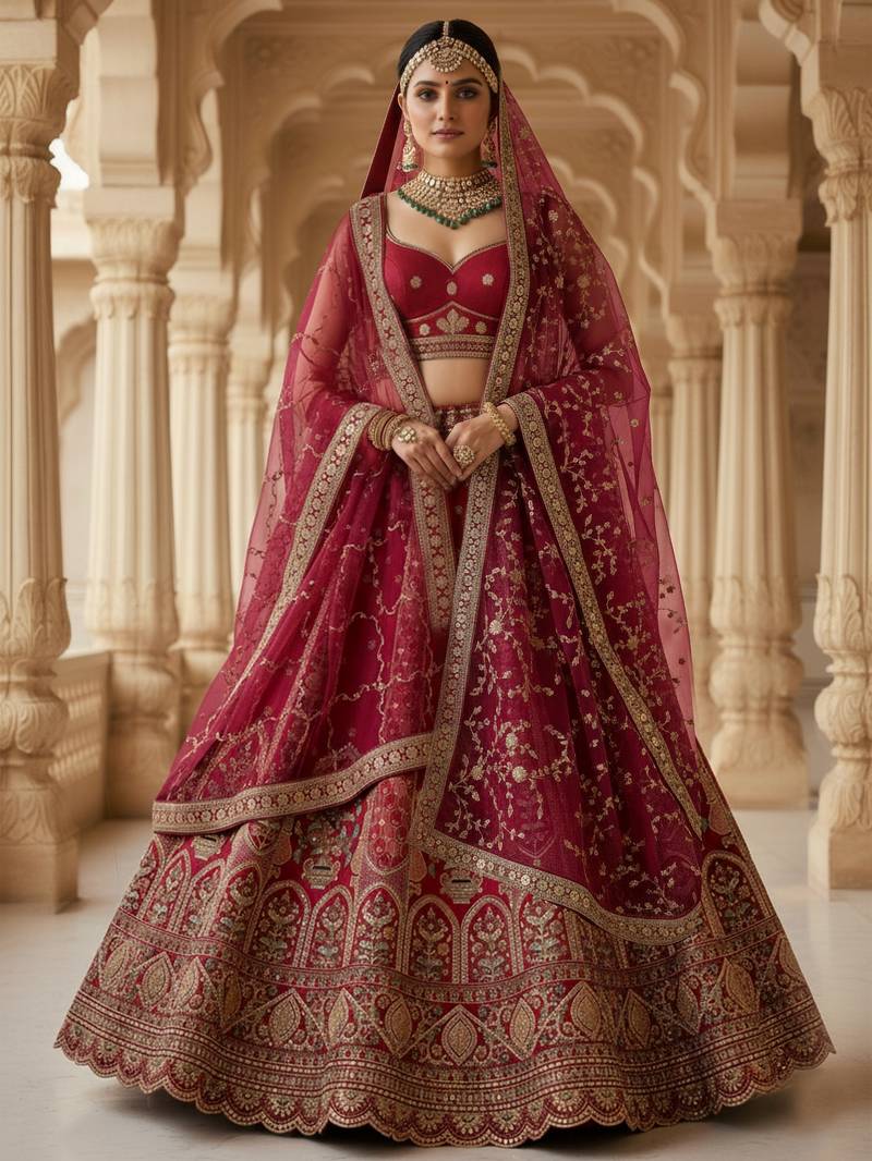 red embroidered silk bridal lehenga set choli with dupatta with double dupatta