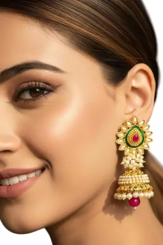 Gold plated traditional moti jhumka earrings