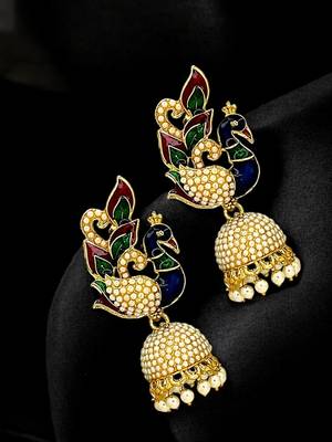 Gold plated multicolor meenakari peacock jhumka earrings 1