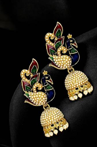 Gold plated multicolor meenakari peacock jhumka earrings
