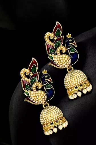 Gold plated multicolor meenakari peacock jhumka earrings