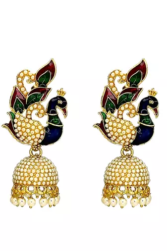 Gold plated multicolor meenakari peacock jhumka earrings