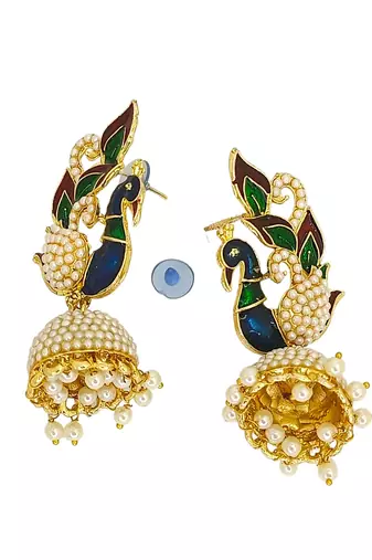 Gold plated multicolor meenakari peacock jhumka earrings