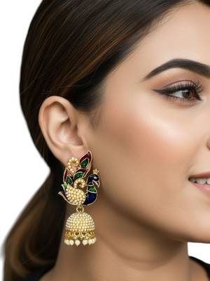 Gold plated multicolor meenakari peacock jhumka earrings 5