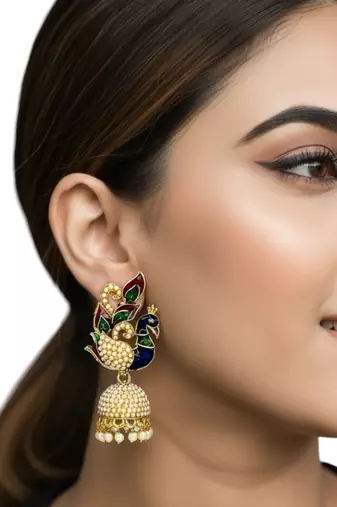 Gold plated multicolor meenakari peacock jhumka earrings
