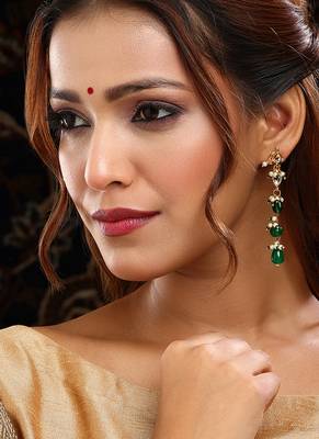 Gold Plated Kundan Green Stone Dangler Earrings 1