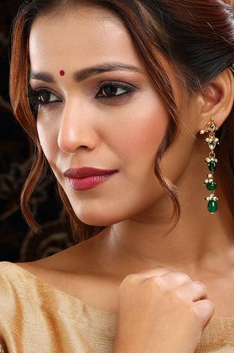Gold Plated Kundan Green Stone Dangler Earrings
