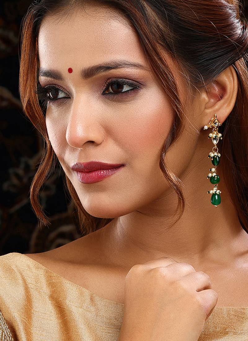 Gold Plated Kundan Green Stone Dangler Earrings