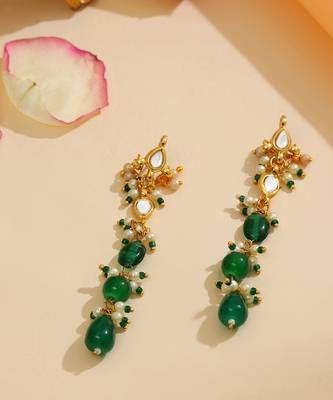 Gold Plated Kundan Green Stone Dangler Earrings 2
