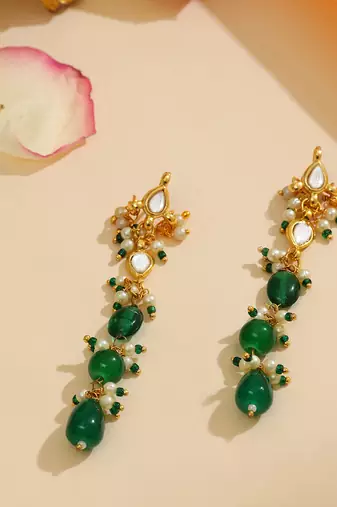 Gold Plated Kundan Green Stone Dangler Earrings