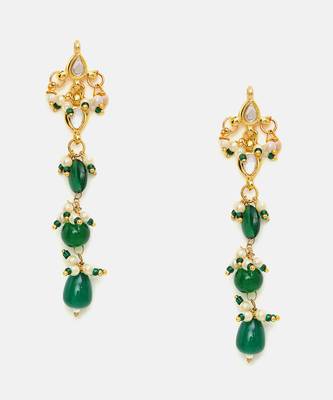 Gold Plated Kundan Green Stone Dangler Earrings 3