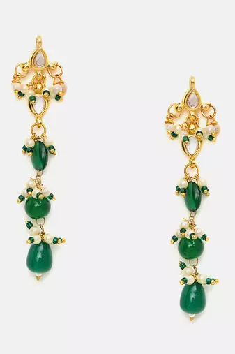 Gold Plated Kundan Green Stone Dangler Earrings