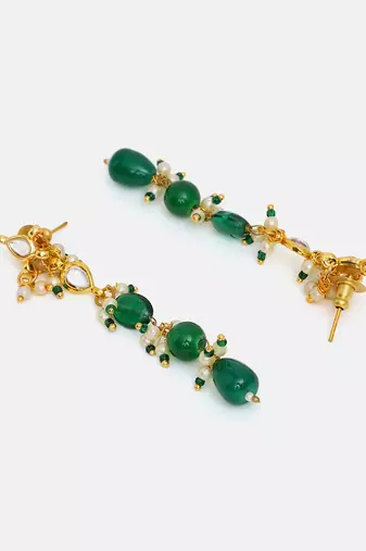Gold Plated Kundan Green Stone Dangler Earrings