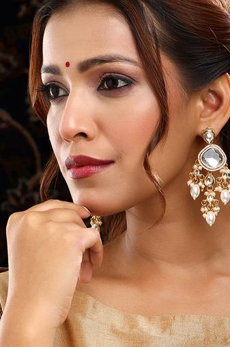 Gold Plated Kundan Pearl Dangler Earrings