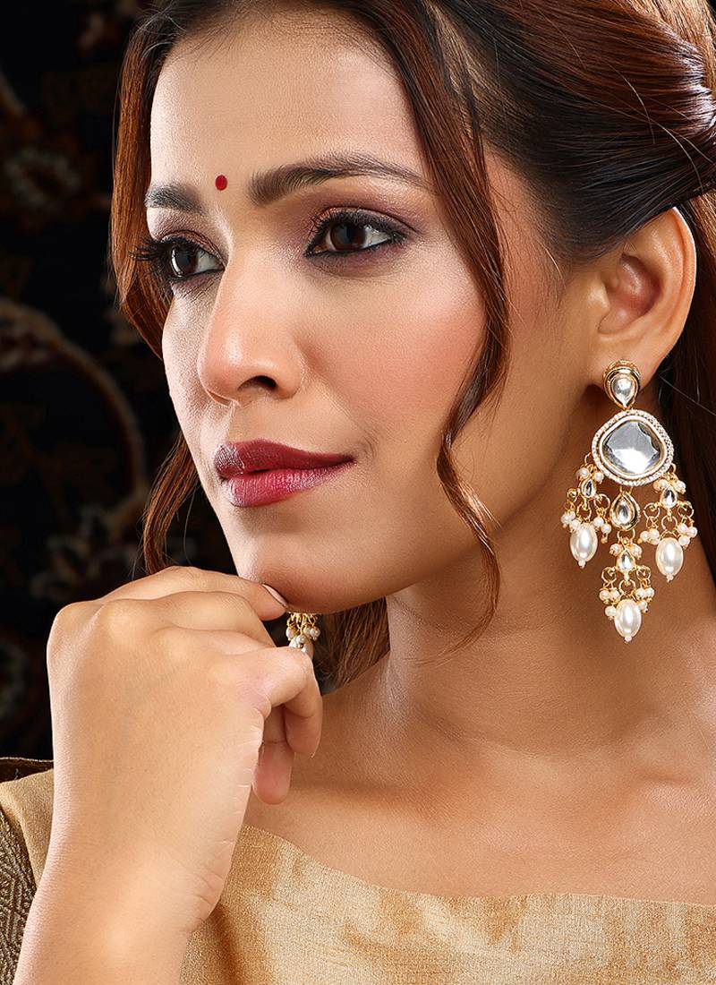 Gold Plated Kundan Pearl Dangler Earrings