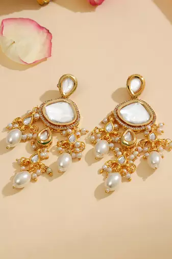 Gold Plated Kundan Pearl Dangler Earrings