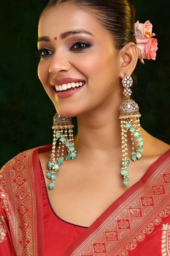 Gold Plated Kundan Green Stones Jhumkas Earrings