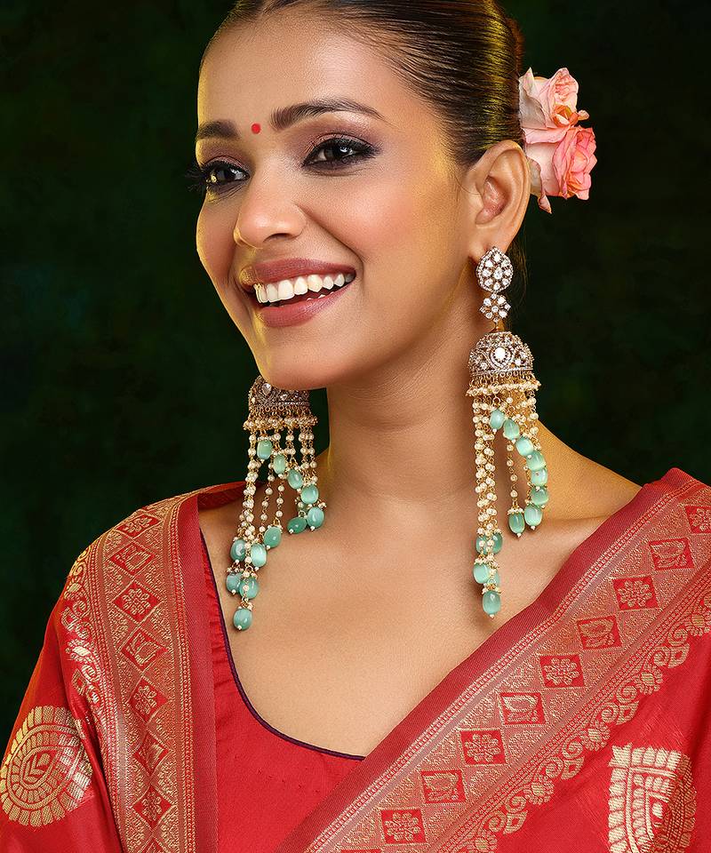 Gold Plated Kundan Green Stones Jhumkas Earrings