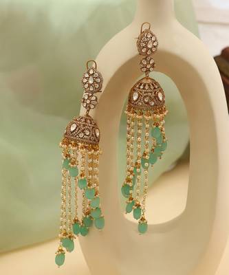 Gold Plated Kundan Green Stones Jhumkas Earrings 2
