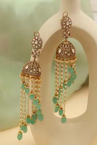 Gold Plated Kundan Green Stones Jhumkas Earrings