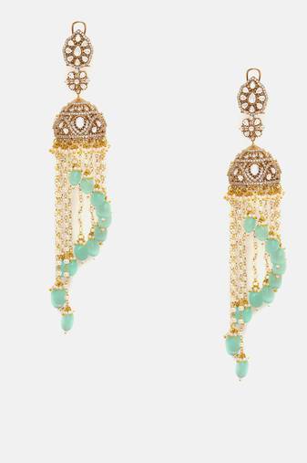 Gold Plated Kundan Green Stones Jhumkas Earrings