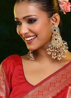 Gold Plated Kundan Green Stone Chandbali Earrings 1
