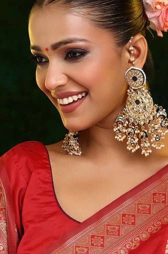 Gold Plated Kundan Green Stone Chandbali Earrings