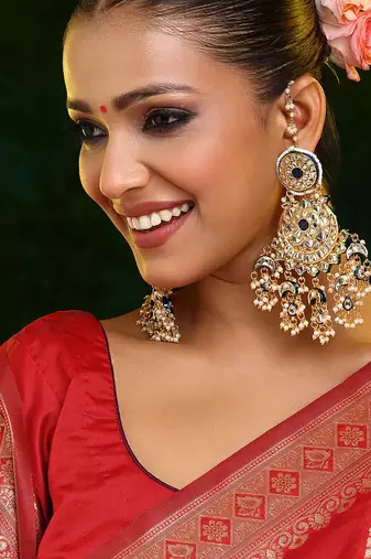 Gold Plated Kundan Green Stone Chandbali Earrings