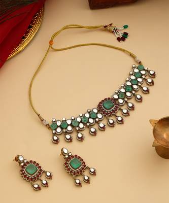 Gold Plated Kundan Turquoise Stone Necklace Set 2