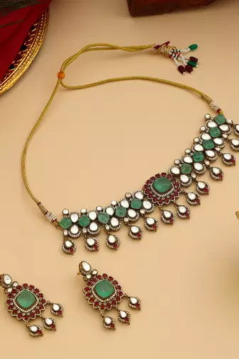 Gold Plated Kundan Turquoise Stone Necklace Set