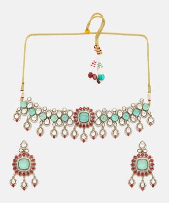 Gold Plated Kundan Turquoise Stone Necklace Set 3