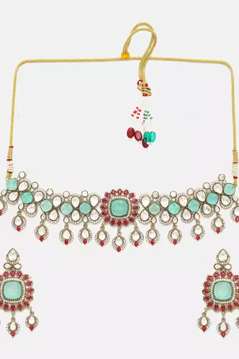 Gold Plated Kundan Turquoise Stone Necklace Set