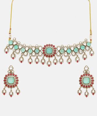 Gold Plated Kundan Turquoise Stone Necklace Set 4