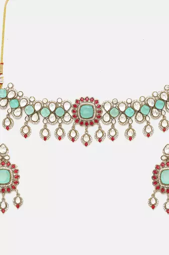 Gold Plated Kundan Turquoise Stone Necklace Set