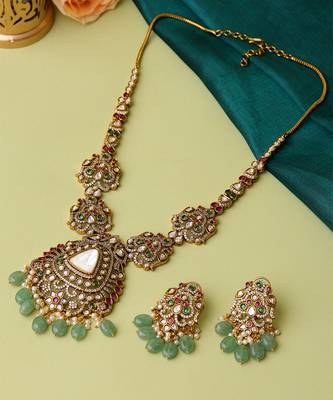 Gold Plated Kundan Green Stones Necklace Set 2
